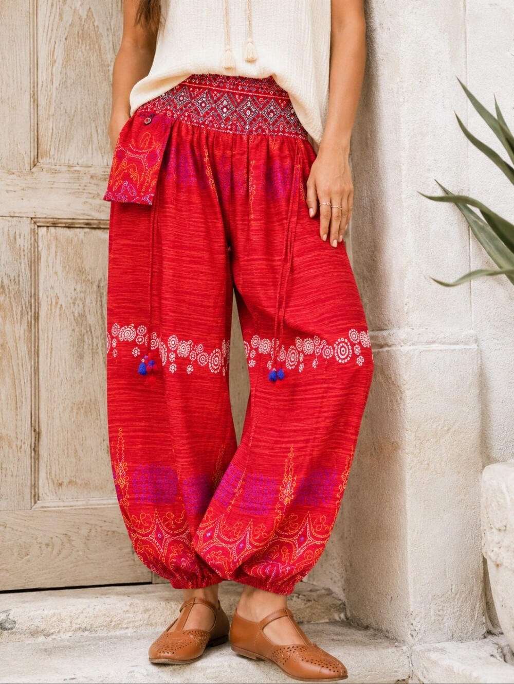 Thai Cotton Boho Harem Pants Festival Balloon Joggers Red Natural Fibre